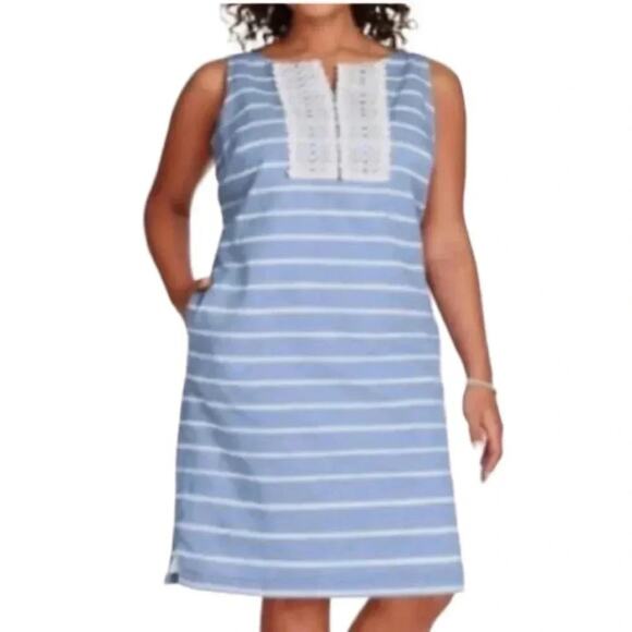 Talbots Linen Blend Dress blue white stripe crochet lace detail Size 8 - Picture 5 of 11